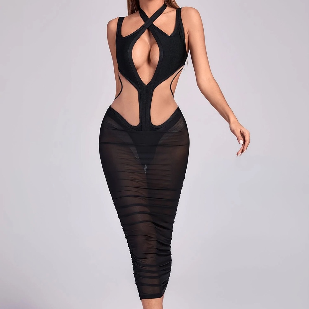 Bella Barnett Amalie Cutout Mesh Midi Bandage Dress - Black